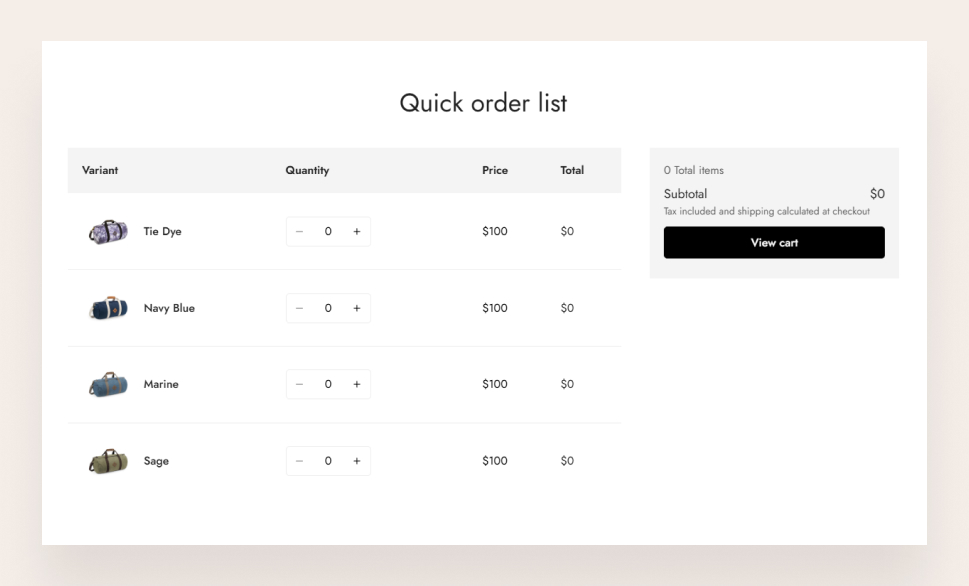Quick Order List section